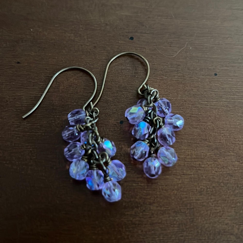 Purple Iridescent Glass Beaded Earrings on Vintaj Brass